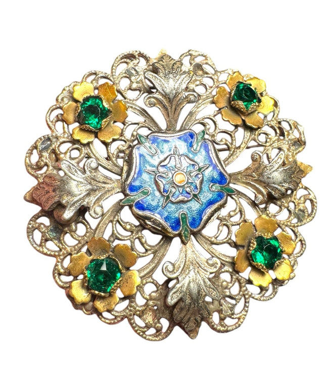 Large antique enameled flower floral crystal round brooch silver finish