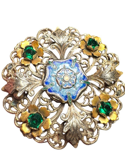 Large antique enameled flower floral crystal round brooch silver finish