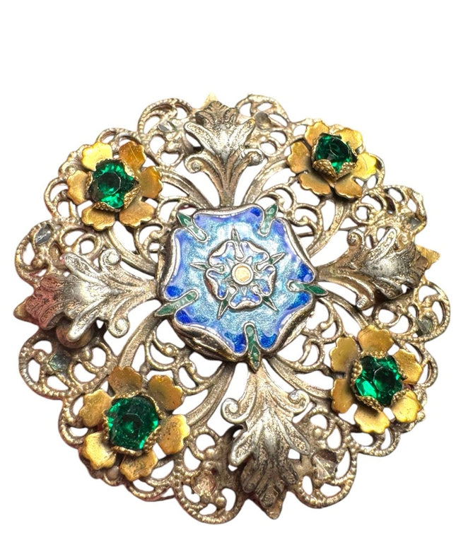 Large antique enameled flower floral crystal round brooch silver finish