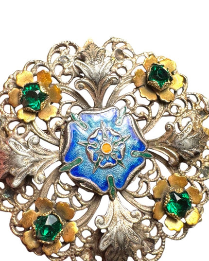 Large antique enameled flower floral crystal round brooch silver finish