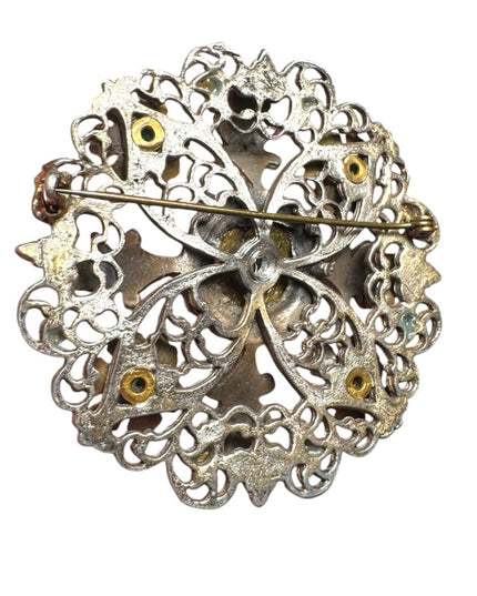 Large antique enameled flower floral crystal round brooch silver finish