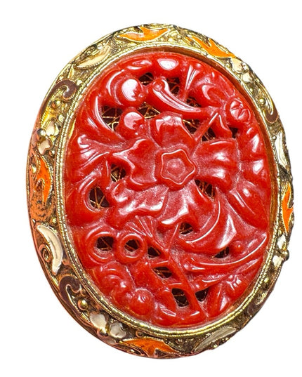 Vintage Victorian Edwardian revival faux Chinese Carved Flower Cinnabar filagree
