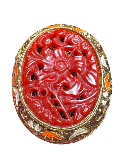 Vintage Victorian Edwardian revival faux Chinese Carved Flower Cinnabar filagree