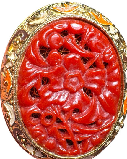Vintage Victorian Edwardian revival faux Chinese Carved Flower Cinnabar filagree