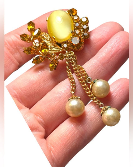 Vintage gold plt cats eye amber crystal pearl dangle floral brooch