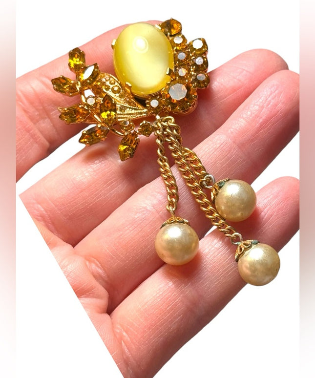 Vintage gold plt cats eye amber crystal pearl dangle floral brooch