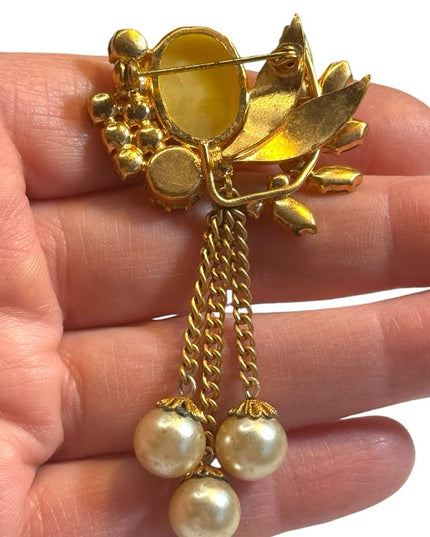 Vintage gold plt cats eye amber crystal pearl dangle floral brooch