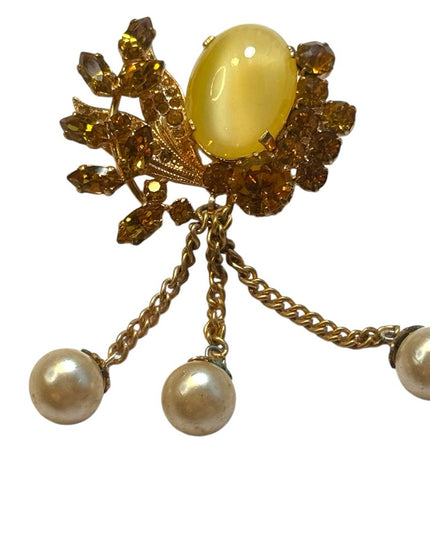 Vintage gold plt cats eye amber crystal pearl dangle floral brooch