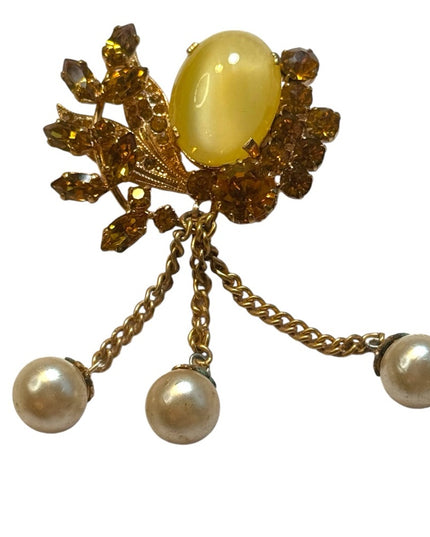 Vintage gold plt cats eye amber crystal pearl dangle floral brooch