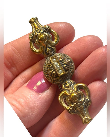 Victorian Etruscan Revival Brass bar Brooch | Rolled Gold | Hollow pearl