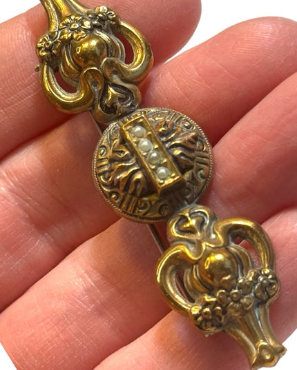 Victorian Etruscan Revival Brass bar Brooch | Rolled Gold | Hollow pearl