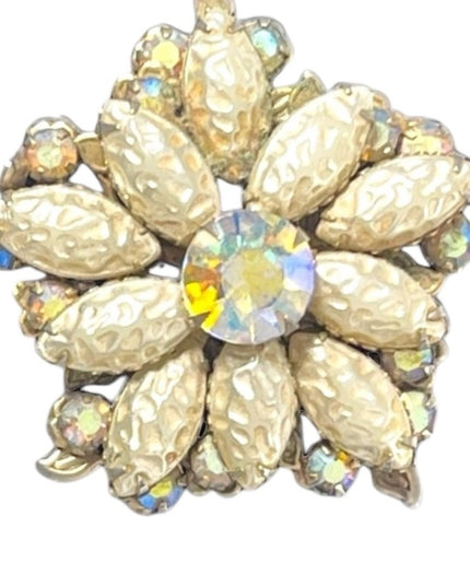 Vintage 1960s AB Crystal Faux pearl large flower fancy brooch