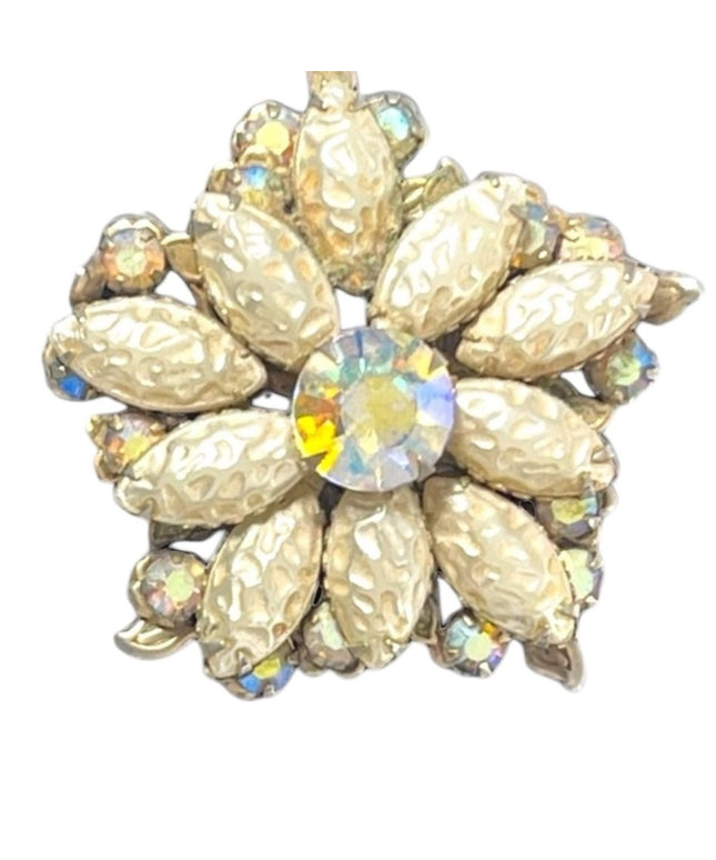 Vintage 1960s AB Crystal Faux pearl large flower fancy brooch