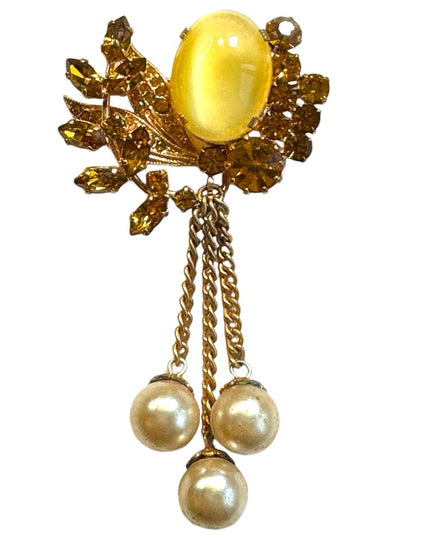 Vintage gold plt cats eye amber crystal pearl dangle floral brooch