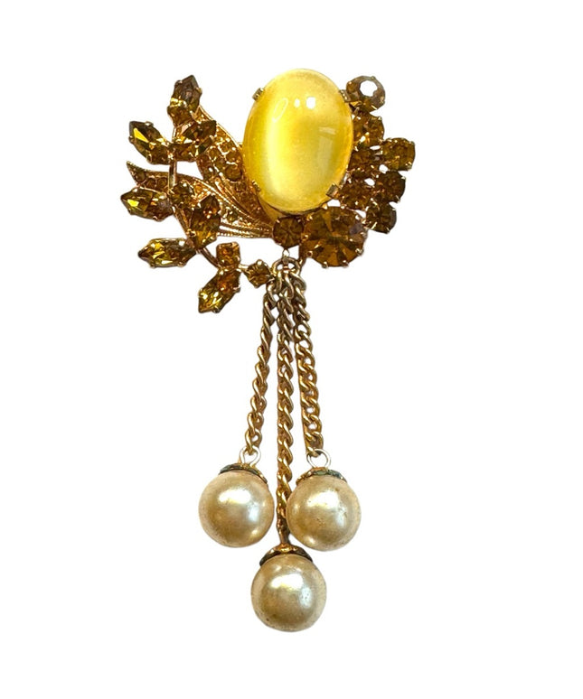 Vintage gold plt cats eye amber crystal pearl dangle floral brooch