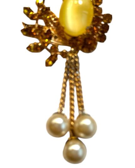 Vintage gold plt cats eye amber crystal pearl dangle floral brooch