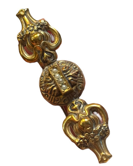 Victorian Etruscan Revival Brass bar Brooch | Rolled Gold | Hollow pearl