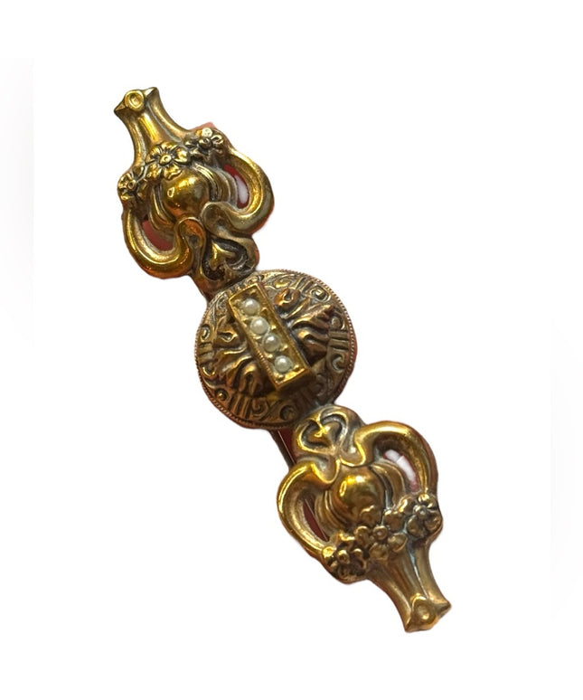 Victorian Etruscan Revival Brass bar Brooch | Rolled Gold | Hollow pearl