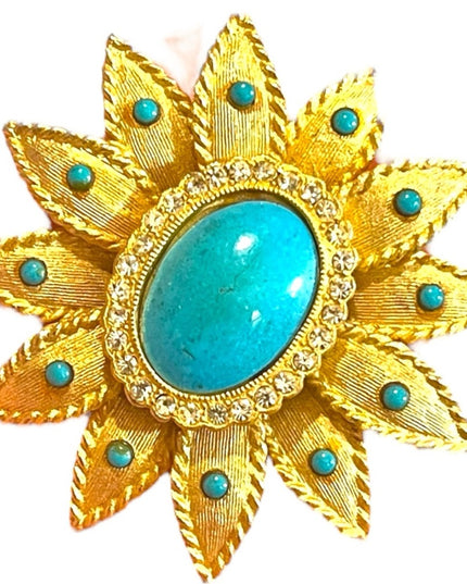 Vintage Faux teal Turquois brooch pendant fancy flower large brushed gold finish