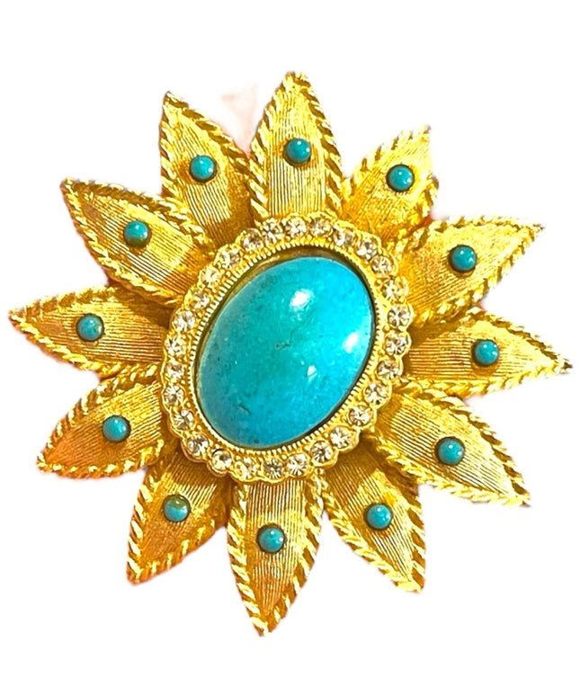 Vintage Faux teal Turquois brooch pendant fancy flower large brushed gold finish