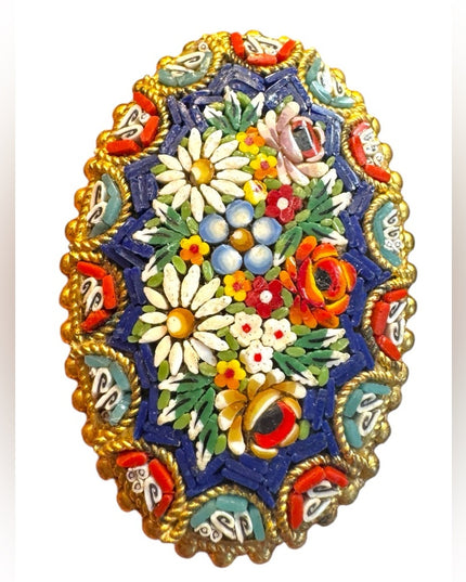 Antique Micromosaic Oval floral brooch Handcrafted Jewelry Italy Gold plt 1920s
