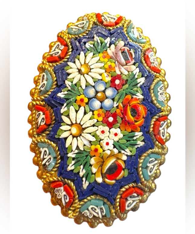 Antique Micromosaic Oval floral brooch Handcrafted Jewelry Italy Gold plt 1920s