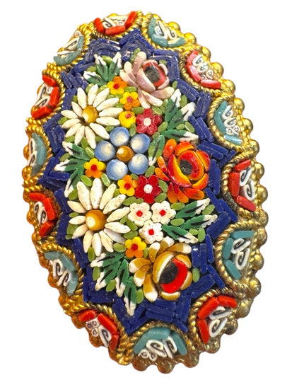 Antique Micromosaic Oval floral brooch Handcrafted Jewelry Italy Gold plt 1920s