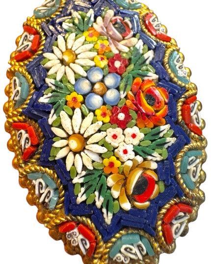 Antique Micromosaic Oval floral brooch Handcrafted Jewelry Italy Gold plt 1920s