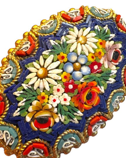 Antique Micromosaic Oval floral brooch Handcrafted Jewelry Italy Gold plt 1920s