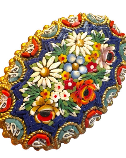 Antique Micromosaic Oval floral brooch Handcrafted Jewelry Italy Gold plt 1920s