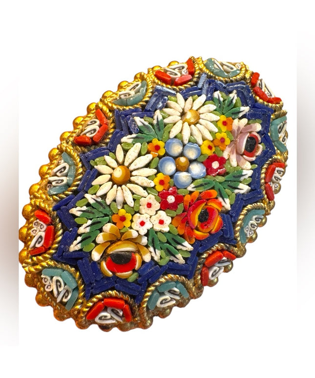 Antique Micromosaic Oval floral brooch Handcrafted Jewelry Italy Gold plt 1920s