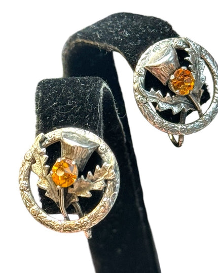 VINTAGE STERLING SILVER SCOTTISH THISTLE SCREW BACK EARRINGS SIGNED WBS