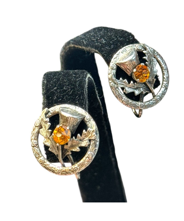 VINTAGE STERLING SILVER SCOTTISH THISTLE SCREW BACK EARRINGS SIGNED WBS