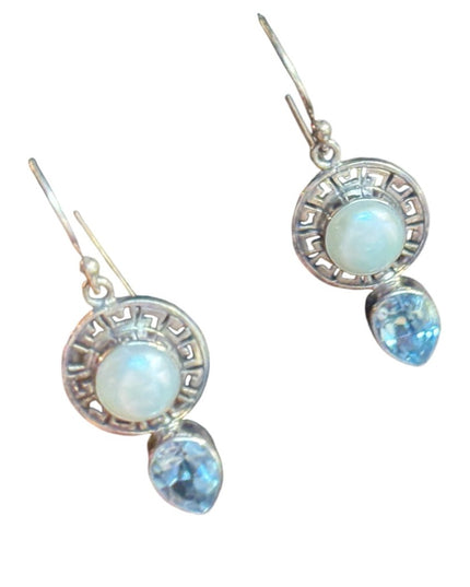 Lovely sterling silver topaz pearl gGreek
key design dangle earrings