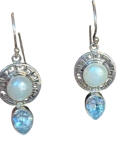 Lovely sterling silver topaz pearl gGreek
key design dangle earrings