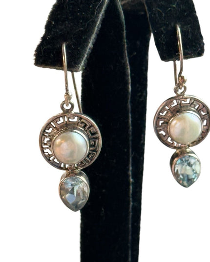 Lovely sterling silver topaz pearl gGreek
key design dangle earrings