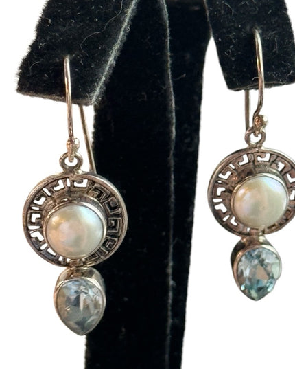 Lovely sterling silver topaz pearl gGreek
key design dangle earrings
