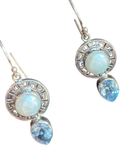 Lovely sterling silver topaz pearl gGreek
key design dangle earrings