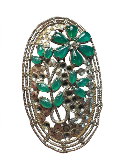 Antique Art Deco floral green CZECH glass Marcasite Brooch
