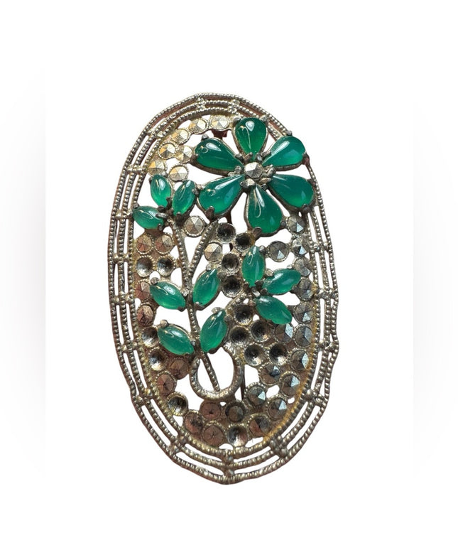 Antique Art Deco floral green CZECH glass Marcasite Brooch