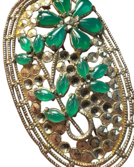 Antique Art Deco floral green CZECH glass Marcasite Brooch