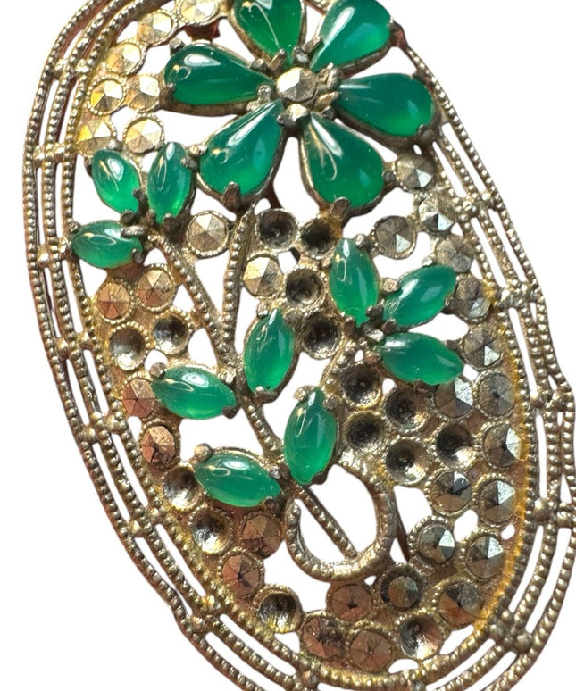 Antique Art Deco floral green CZECH glass Marcasite Brooch