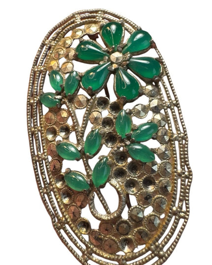 Antique Art Deco floral green CZECH glass Marcasite Brooch