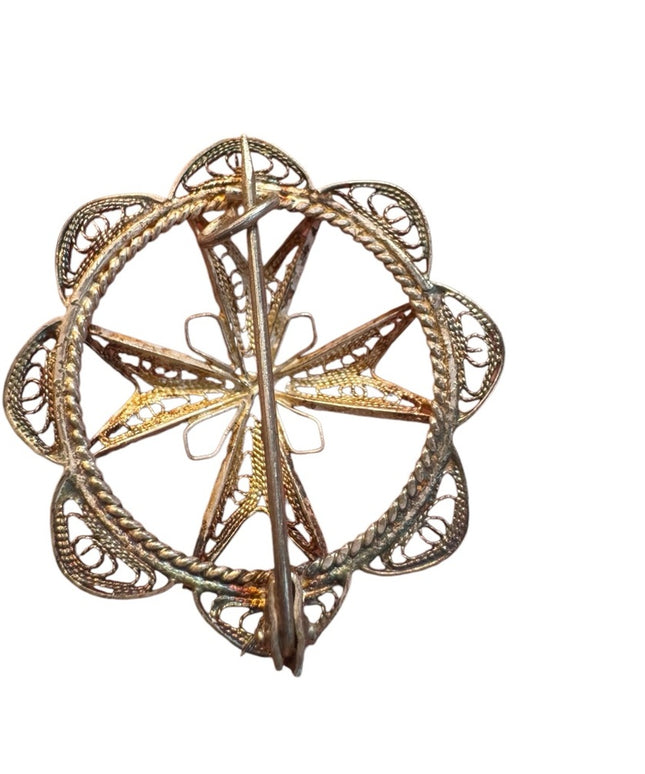 800 Silver  Antique Filigree Floral Dome Brooch Pin Maltese