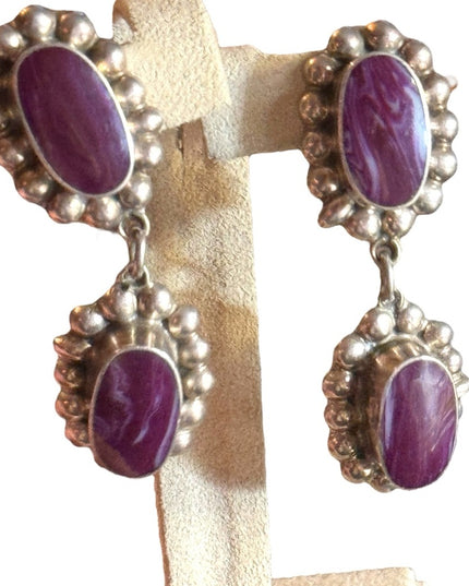 Taxco artisan sterling 925 Elegant Purple Stone Drop CLIP on Earrings