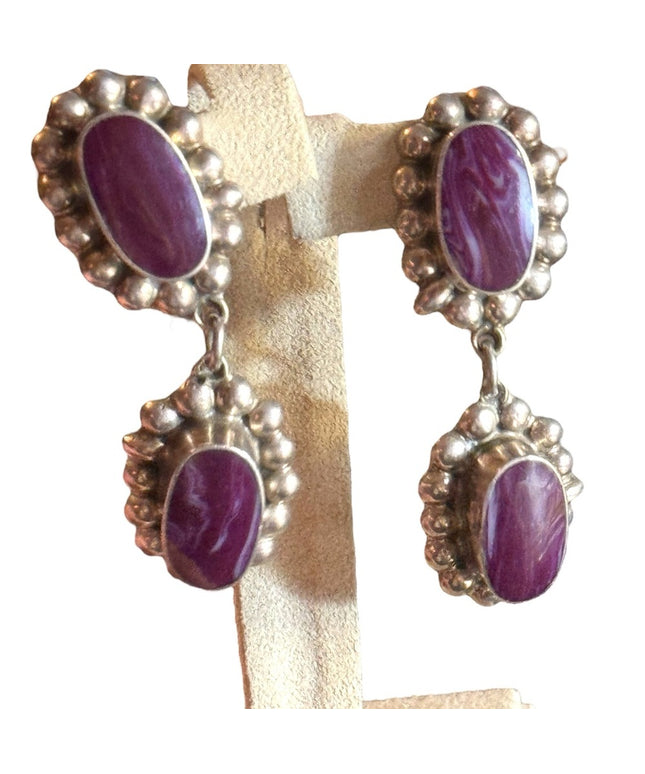 Taxco artisan sterling 925 Elegant Purple Stone Drop CLIP on Earrings