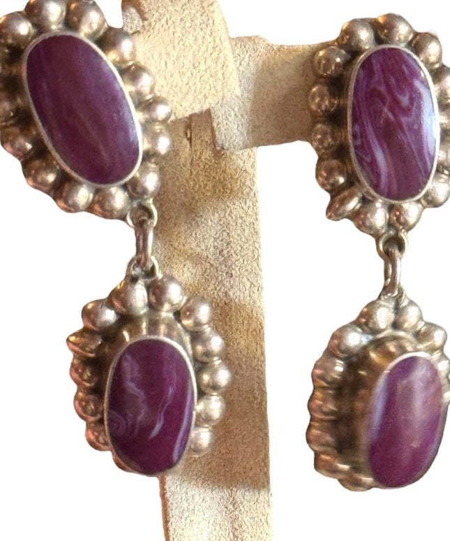 Taxco artisan sterling 925 Elegant Purple Stone Drop CLIP on Earrings
