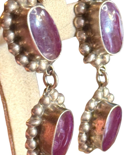 Taxco artisan sterling 925 Elegant Purple Stone Drop CLIP on Earrings