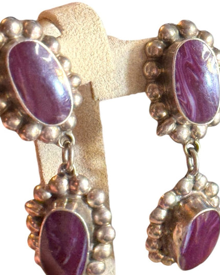 Taxco artisan sterling 925 Elegant Purple Stone Drop CLIP on Earrings