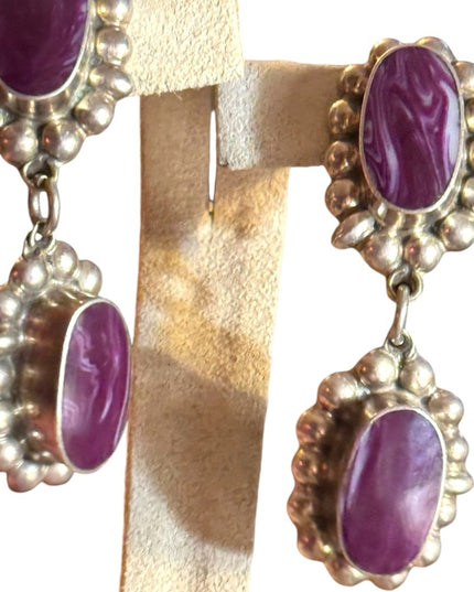 Taxco artisan sterling 925 Elegant Purple Stone Drop CLIP on Earrings